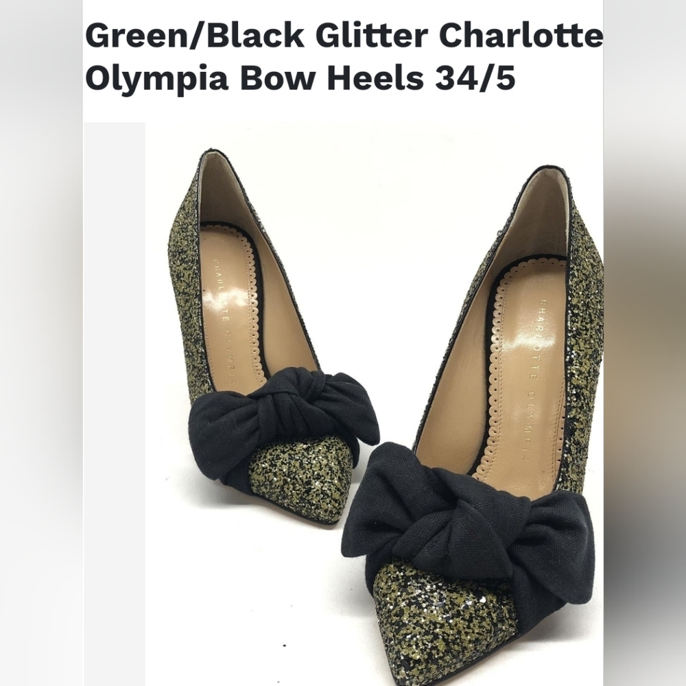 Green/Black Glitter Charlotte Olympia Bow Heels size 34/5